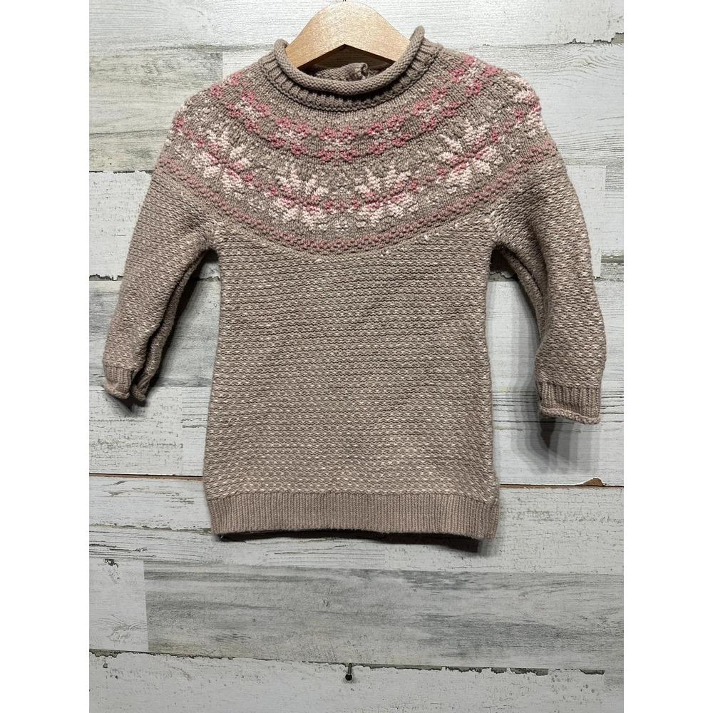 Maggie and Zoe Sweater‎ Girls 12M Tan Fair Isle Snowflake Mock Neck EUC